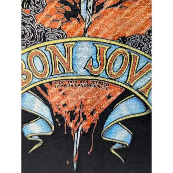 Womens Bon Jovi T-Shirt V Neck Bleeding Heart Wings Dagger Black Size L Rock - Picture 3 of 10